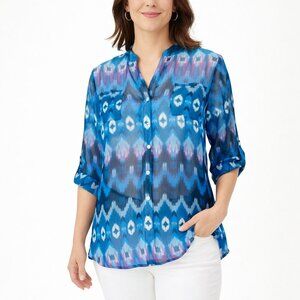 Chicos Womens Top Button Blouse Blue Roll Tab Sleeve Semi Sheer Size 2 | L